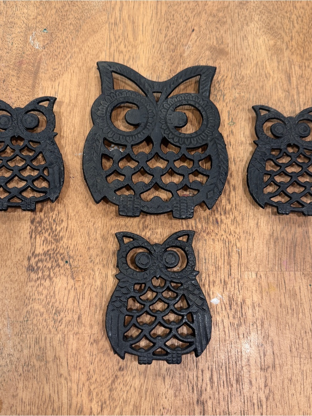 Vintage Owl Cast Iron Trivet Set of 4 Black Taiwan Mid-Century Kitchen Decor